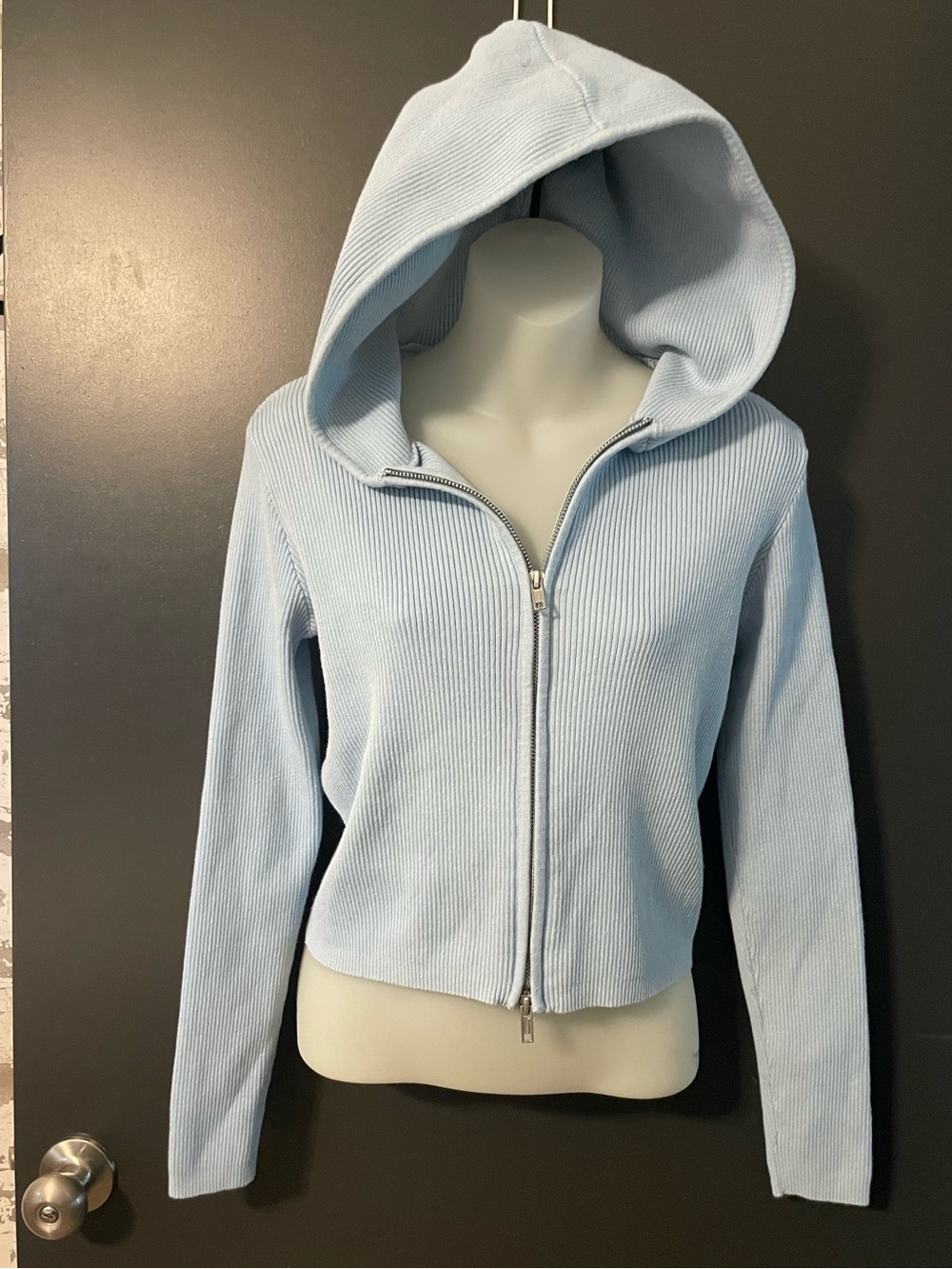 Brandy Melville Light Blue Ribbed Knit Zip Hoodie Sweater One Size Y2K